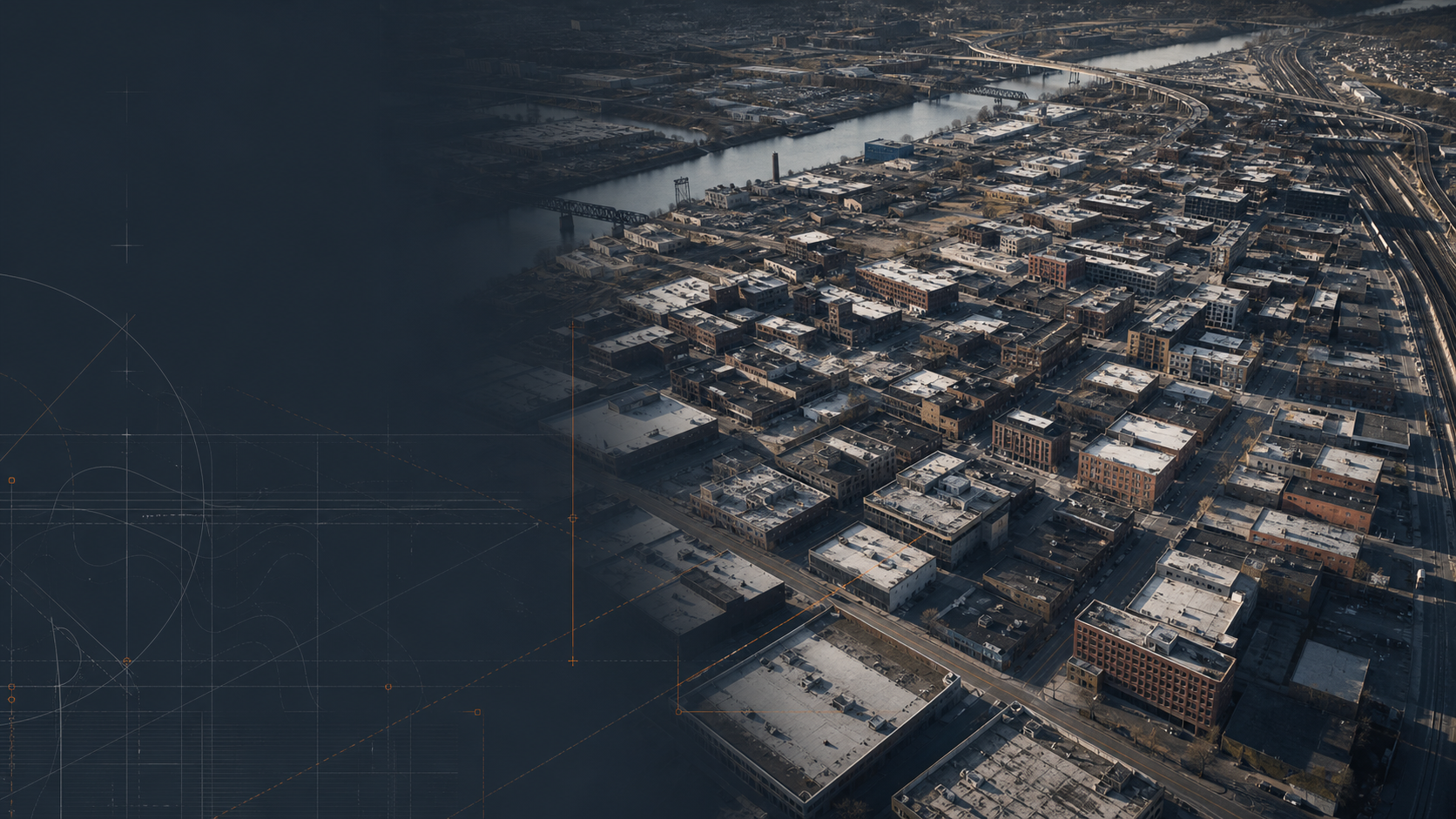 Aerial architectural study of Nashville and the Cumberland River
